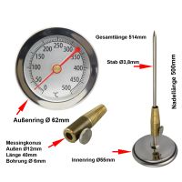 500 Grad 45cm Grillthermometer Edelstahl